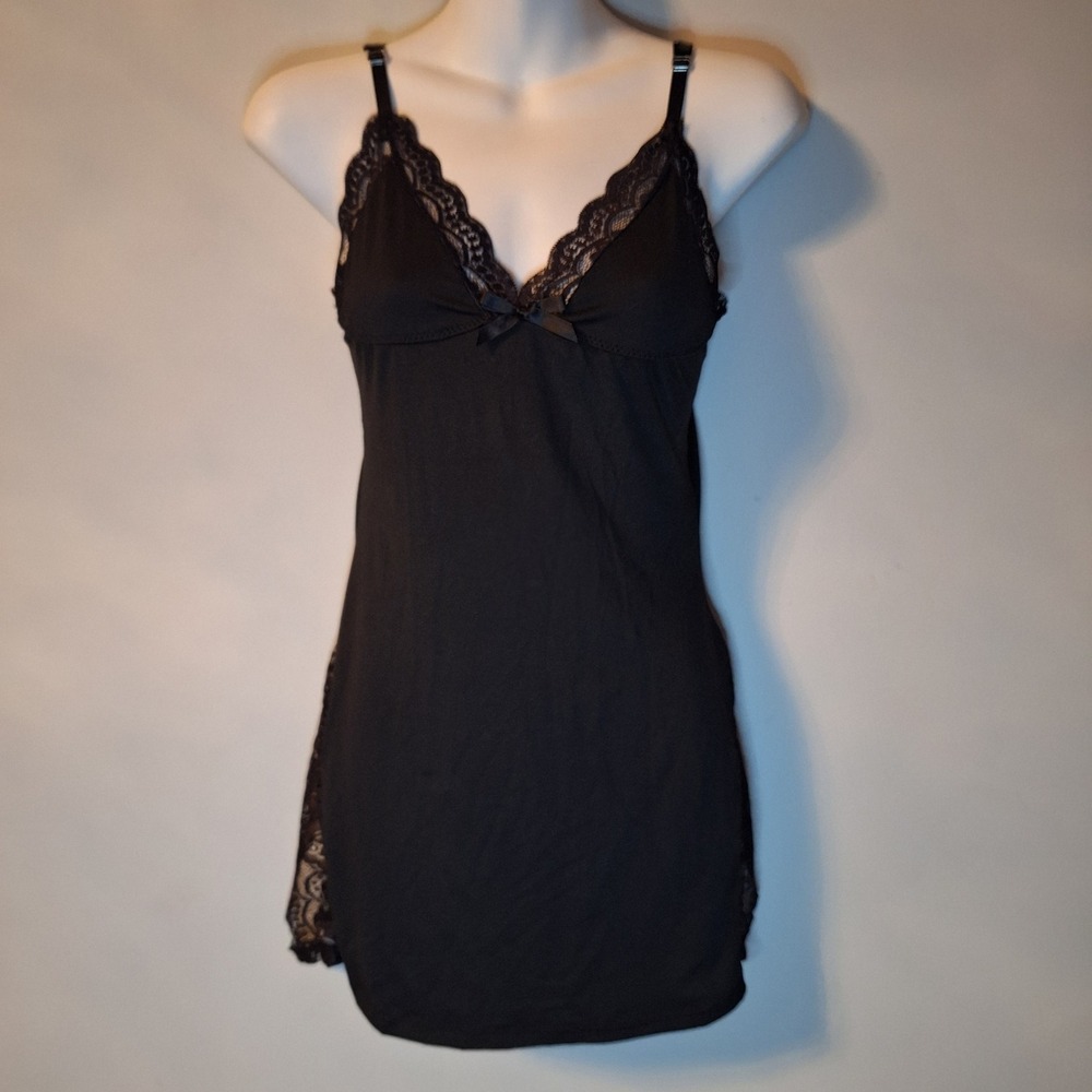 SHEIN Black Lace Trim Chemise Nightgown V-Neck Adjustable Straps Size Medium
